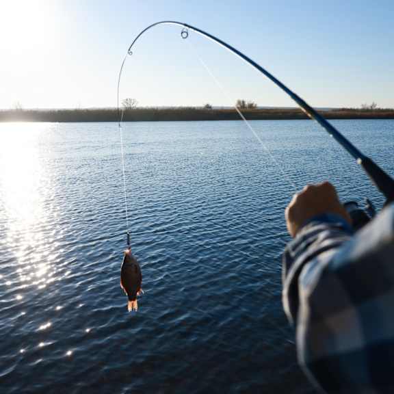 a person is fishing in a lake with a fishing rod.