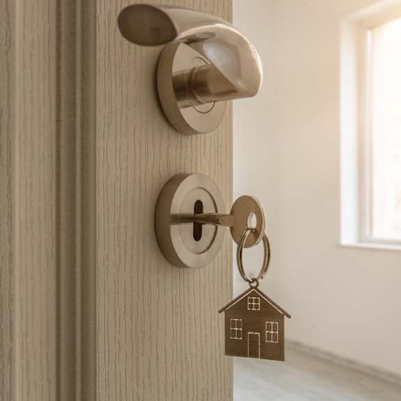 a door knob with a house shaped keychain on the door