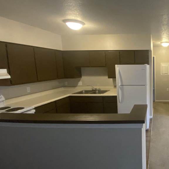 an empty kitchen with a refrigerator and a sink