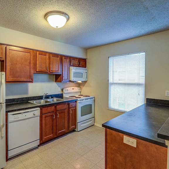 a kitchen with a pattern on the walls and floors and a window