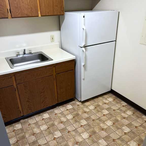 a kitchen with a sink and a refrigerator
