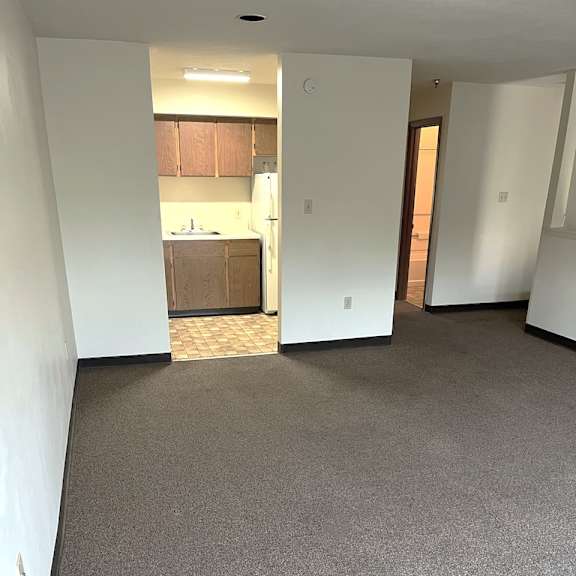 a room with a carpeted floor and a kitchen