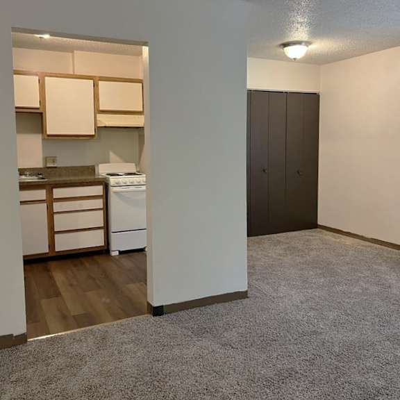 an empty living room with a kitchen in it