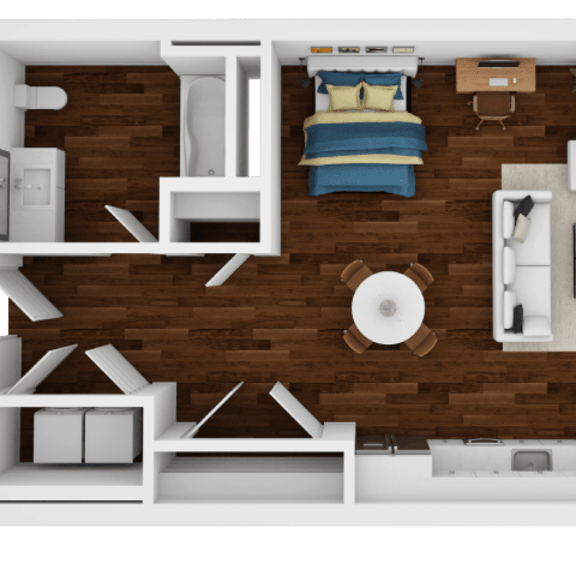 Thumbnail 1 of 2 A top-down view of a small apartment with a bed, desk, and kitchenette.