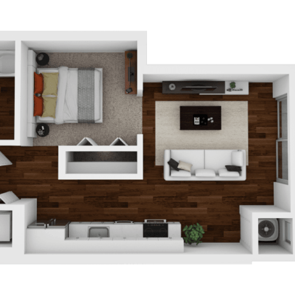Thumbnail 1 of 2 A 3D rendered image of a modern apartment layout.