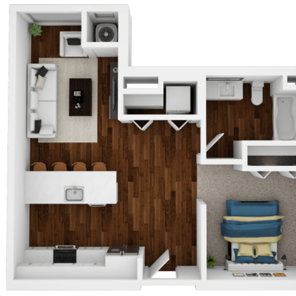 Thumbnail 1 of 2 A 3D floor plan of a small apartment with a kitchen, living room, and bedroom.
