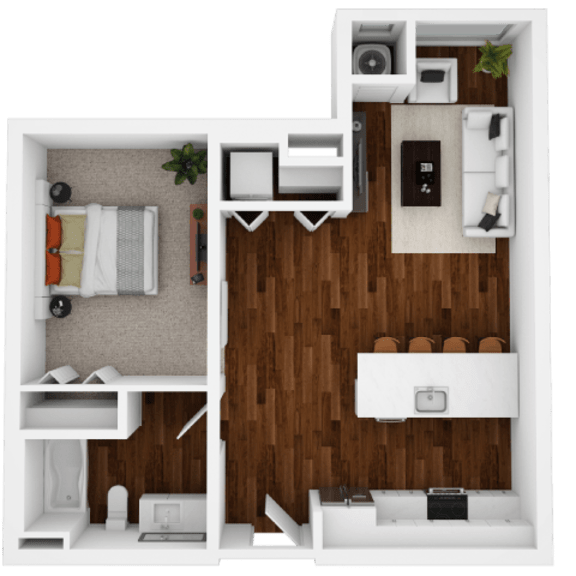 Thumbnail 1 of 2 A top-down view of a small apartment with a kitchen, living room, and bathroom.