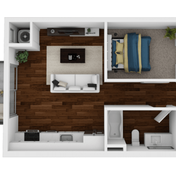 Thumbnail 1 of 2 A top-down view of a modern apartment layout with a living room, kitchen, and bedroom.