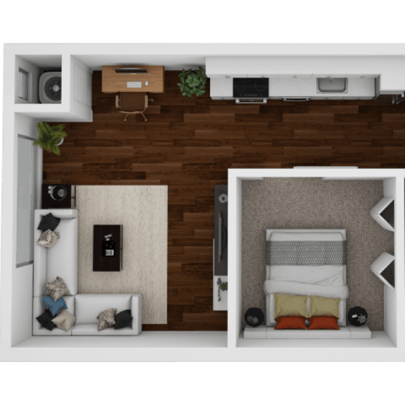 Thumbnail 1 of 2 A 3D rendered image of a small apartment layout.