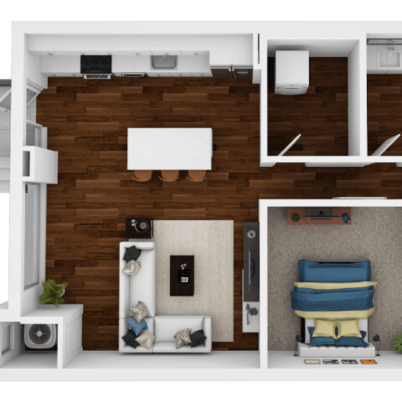 Thumbnail 1 of 2 A 3D floor plan of a small apartment with a bedroom, living room, and kitchen.
