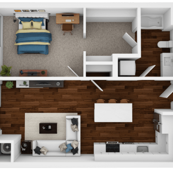 Thumbnail 1 of 2 A top-down view of a small apartment with a bedroom and living room.
