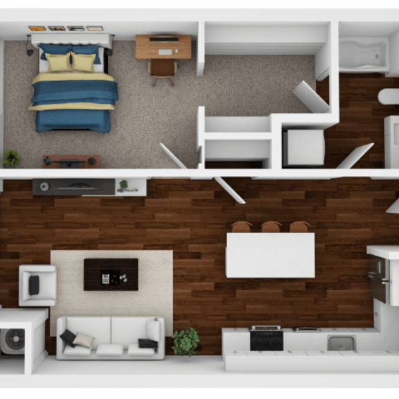 Thumbnail 1 of 2 A top-down view of a modern apartment with a bedroom and living room.