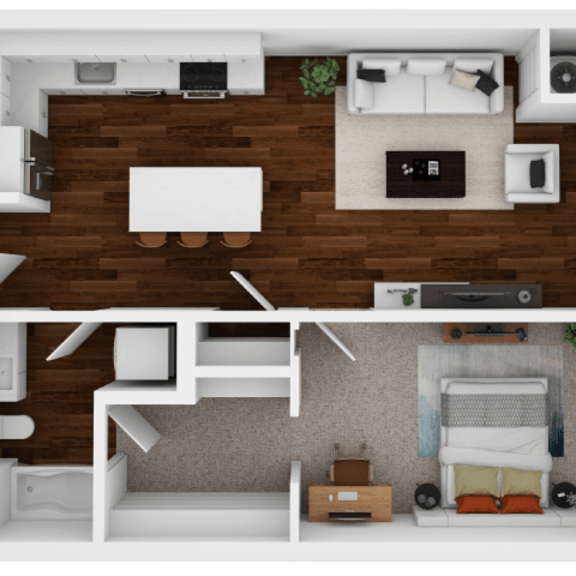 Thumbnail 1 of 2 A 3D floor plan of a small apartment with a kitchen, living room, and bedroom.