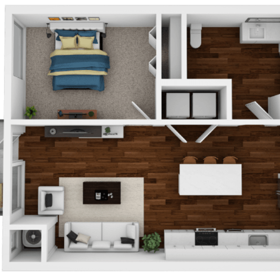 Thumbnail 1 of 2 A 3D floor plan of a small apartment with a bedroom and living room.