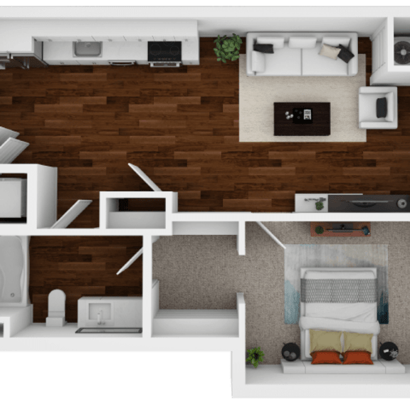Thumbnail 1 of 2 A 3D rendered image of a small apartment layout.