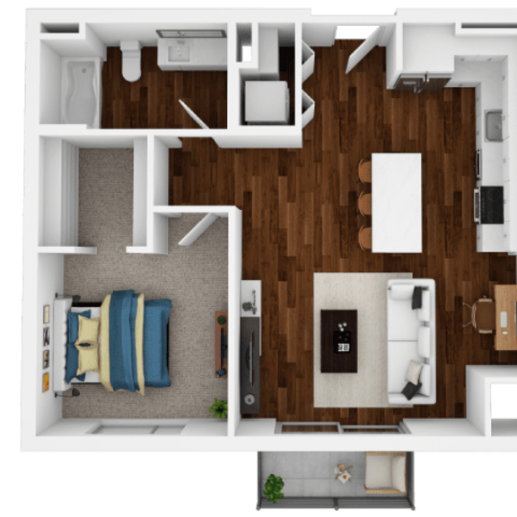 Thumbnail 1 of 2 A top-down view of a small apartment with a bedroom, living room, and kitchen.