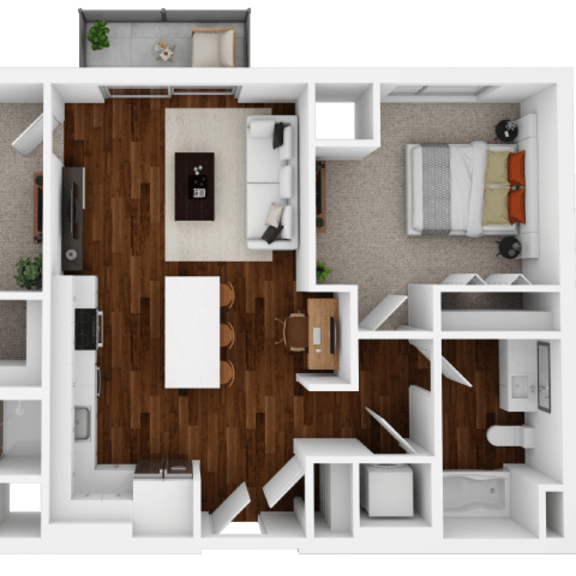 Thumbnail 1 of 2 A top-down view of a small apartment layout with a kitchen, living room, and bedroom.