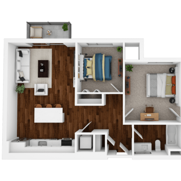 Thumbnail 1 of 2 A 3D rendered image of a small apartment layout.