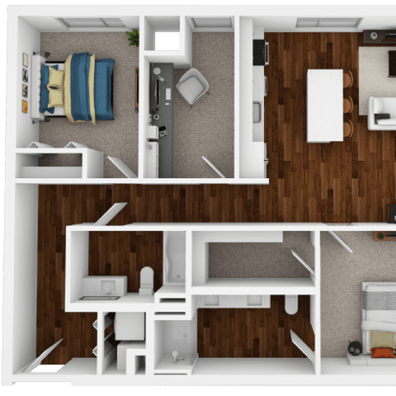 Thumbnail 1 of 2 A top-down view of a small, well-organized apartment with a bedroom, living room, and kitchen area.