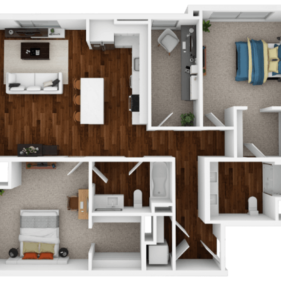 Thumbnail 1 of 2 A top-down view of a small apartment with a kitchen, living room, and bedroom.