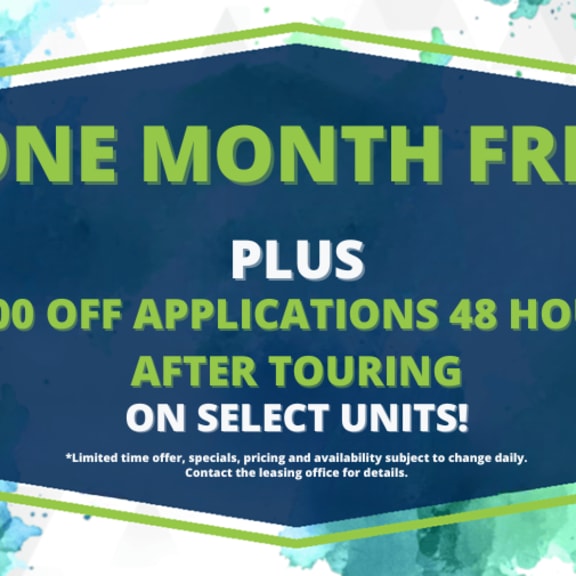 a promotional image offering a free month and $300 off on applications after touring select units.