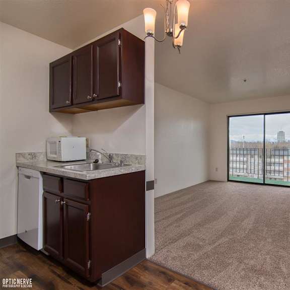 compact apartment interior here at outlook apartments with a small kitchen, dark wood cabinets, microwave, and sink. adjacent carpeted living area with large window and city view. minimalist design.