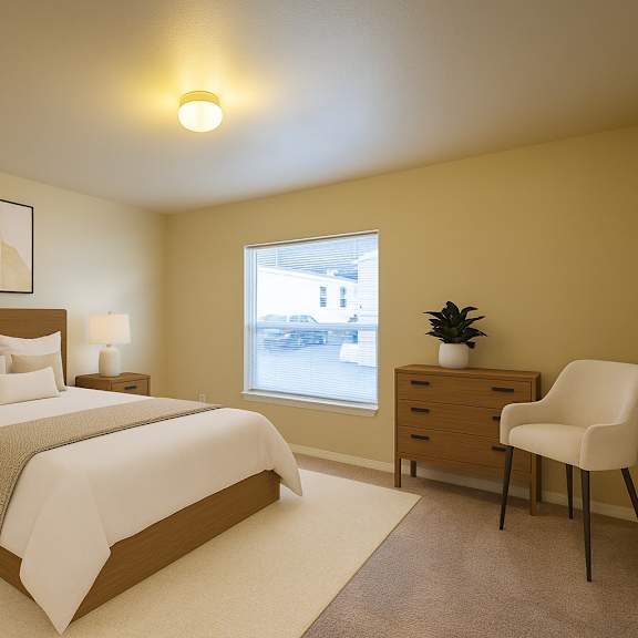 a cozy, well-lit bedroom here at four seasons featuring a modern wood bed frame with crisp white bedding, matching nightstands with soft table lamps, neutral wall art above the headboard, plush carpeting, a bright window for natural light, and a dresser with an accent chair creating a calm, inviting retreat.