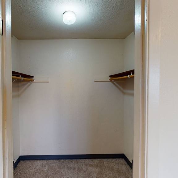 empty walk-in closet here at deer park apartments with beige carpet, white walls, a ceiling light, and two shelves for storage.