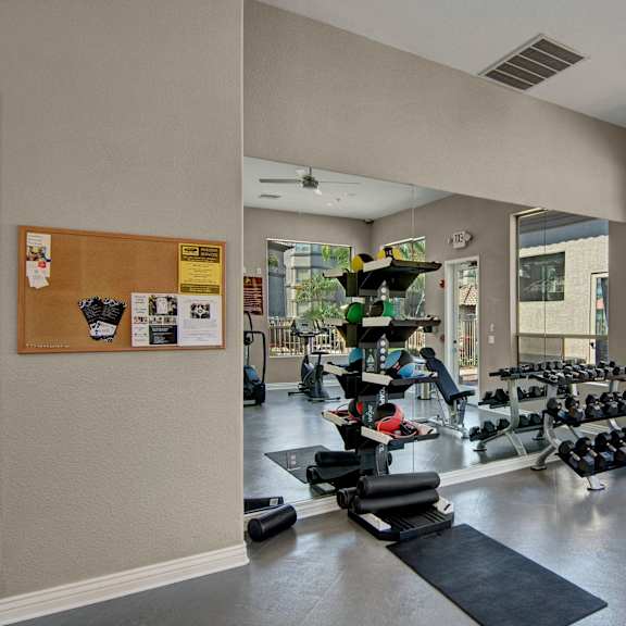 a well-equipped fitness room here at sonoma landing featuring a wall-length mirror, free weights on tiered racks, an adjustable workout bench, and a storage tower with medicine balls and fitness accessories, complemented by rubber-style flooring, neutral walls, bulletin board signage, and large windows that bring in natural light and views of the community.