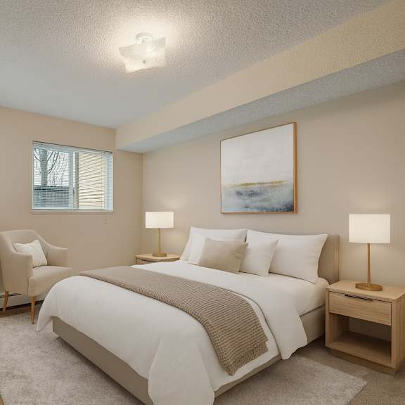 a cozy, light-filled bedroom here at sonora featuring a queen-size bed with crisp white bedding, a soft neutral throw, matching bedside tables with warm lamps, plush carpet flooring, a comfortable accent chair, and windows with blinds that bring in natural light for a calm, inviting retreat.