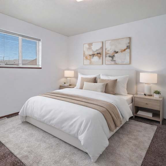 a bright and simple bedroom here at willowview terrace featuring a neatly made bed with crisp white bedding, neutral accent pillows, and a soft throw blanket. matching nightstands with modern lamps sit on each side, with minimal decor and two framed abstract art pieces above the headboard. a large window and plush carpet help create a cozy, inviting space.