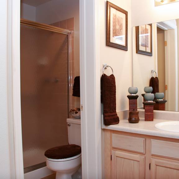 a clean, well-lit bathroom here at cheyenne creek luxury featuring a single-sink vanity with light wood cabinetry, a wide mirror with overhead lighting, neutral countertops with decorative accents, and a towel ring beside the vanity, with an adjacent shower area visible through an open doorway creating a functional, inviting bathroom layout.