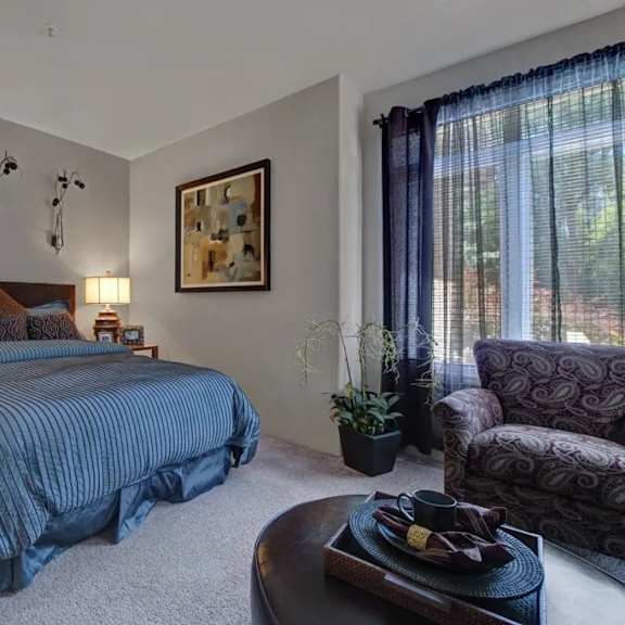 a warm bedroom here at cheyenne creek luxury featuring a spacious bed with textured blue bedding, matching wooden nightstands with table lamps, soft carpet flooring, and neutral walls accented by decorative wall art, with a cozy sitting area, potted greenery, and natural light filtering through a large window with sheer curtains.