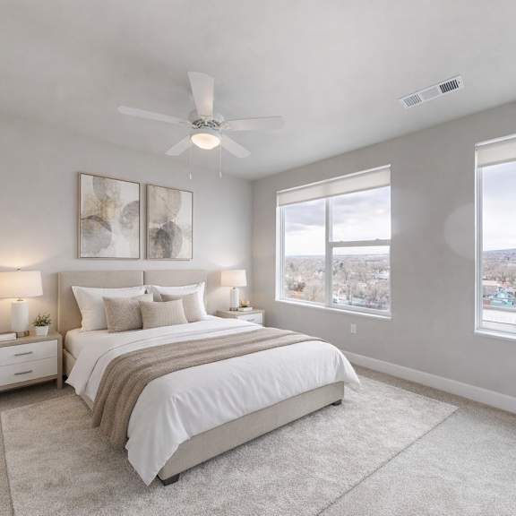 a spacious bedroom here at experience at epicenter featuring plush carpet, soft neutral walls, and an upholstered bed with layered white and beige bedding. matching nightstands with table lamps sit beneath modern wall art, while a ceiling fan and large windows with simple shades frame scenic neighborhood and mountain views, filling the room with natural light.