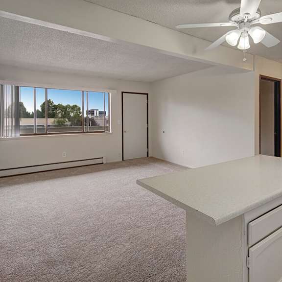 spacious, empty living room here at the continental apartments with beige carpet, white walls, and large window. kitchen with white cabinets and counter; ceiling fan present. bright, airy feel.