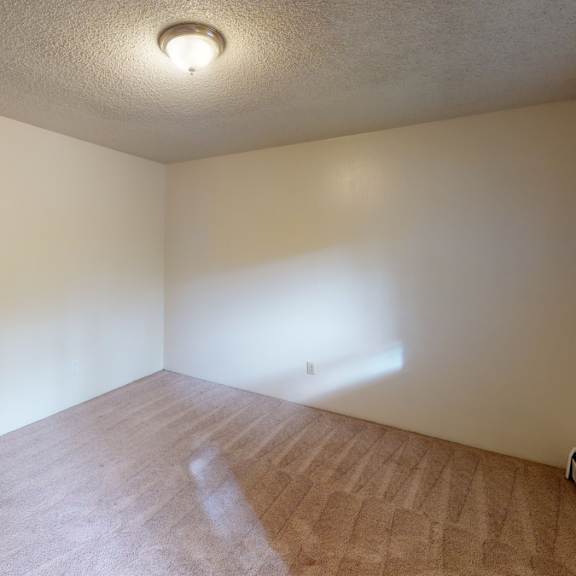 empty bed room here at country lane apartments with beige carpet, off-white walls, and a ceiling light fixture. sunlight streams through a window on the right, creating a calm atmosphere.