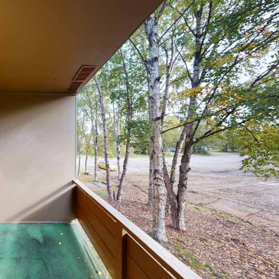 small balcony here at country lane apartments with green carpeted floor and brown wooden walls overlooks a parking area and trees. the setting is calm and outdoors.