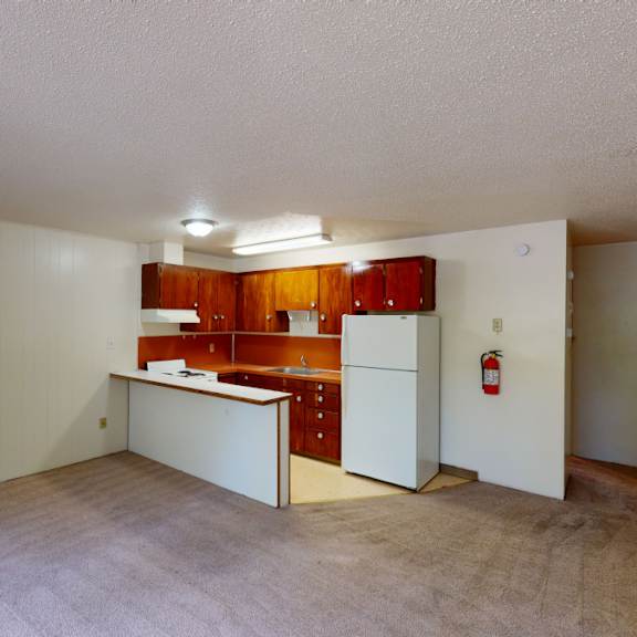 cozy, unfurnished apartment here at country lane apartments with a small kitchenette featuring dark wood cabinets, a white fridge, stove, and sink. the room has beige walls and carpet, creating a simple, neutral atmosphere.