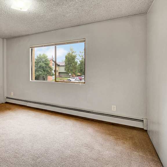 bright, empty room here at deer park apartments with light gray walls, beige carpet, and a window offering a view of trees and nearby buildings.
