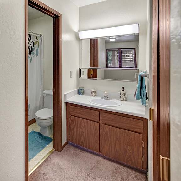 small bathroom here at driftwood apartments with a wood vanity, white countertop, and large mirror. blue bath mat and towels add color. soft lighting creates a cozy feel.