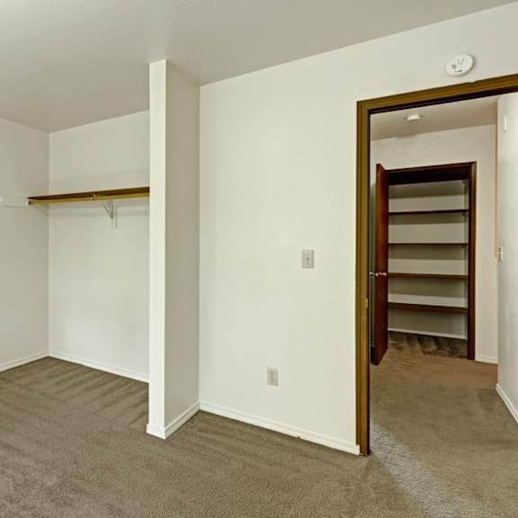 empty closet here at the glen apartments with beige carpet and white walls, featuring a single wooden rod. an open door on the right leads to a room with shelving. minimalist and clean.