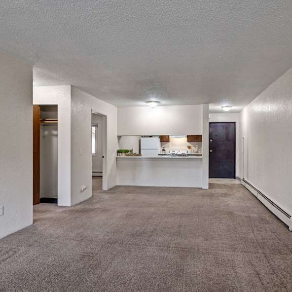 empty living room here at greenbriar apartments with beige carpet and white walls, featuring a small closet on the left, a kitchen with a counter in the middle, and a dark wooden door on the right. bright overhead lighting creates a clean, spacious feel.