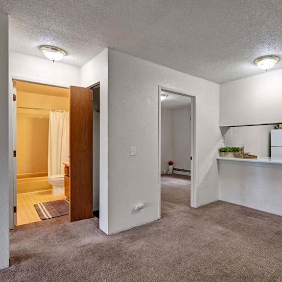 cozy apartment interior here at greenbriar apartments with beige carpet and white walls. features a small kitchen with a breakfast bar, bathroom with shower curtain, and softly lit rooms.