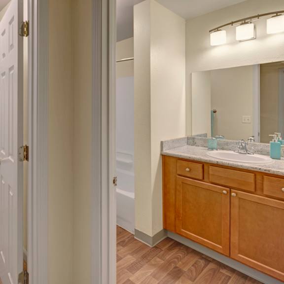 a modern bathroom here at hillside chalet apartments features a spacious vanity with a marble countertop, wooden cabinets, and dual sinks. adjacent is a carpeted closet space.