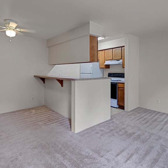 simple apartment living area here at la maisonnette apartments with beige carpet, small kitchen with white appliances, wooden cabinets, and a ceiling fan. bright and minimalistic.