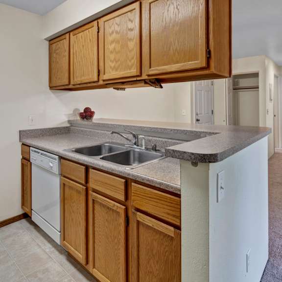 simple kitchen here at la maisonnette apartments with wooden cabinets and light gray countertops, featuring a double sink and dishwasher. neutral tones create a clean, spacious feel.