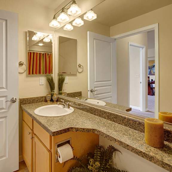 a well-lit bathroom here at park plaza 2 apartments with a granite countertop, single sink, and a large mirror. decor includes potted plants, candles, and a visible shower curtain.
