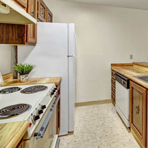 cozy kitchen here at park plaza apartments with wood cabinets, beige countertop, double sink, white appliances, and multicolored bowls atop the counter, exuding a vintage charm.
