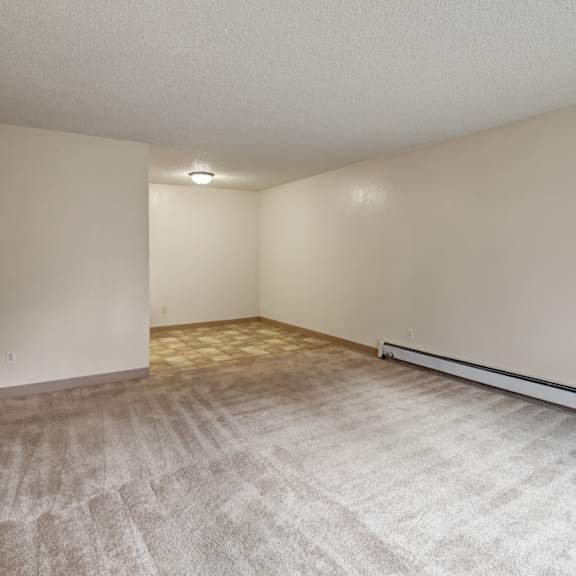empty living room here at quiet creek apartments with beige carpet flooring, light cream walls, and a baseboard heater on the right. a lit ceiling light is visible in the back corner. minimal and clean atmosphere.