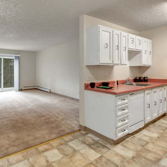 spacious living room and kitchen area here at quiet creek apartments blend seamlessly. room is carpeted, lit by natural light from a glass door. white cabinets add brightness.